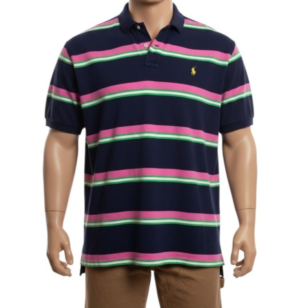 Polo by Ralph Lauren Blue Tag Polo XXL Prep Navy Pink Multi Stripe Y2K Prep VTG